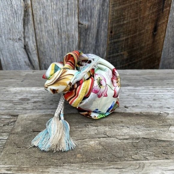 Johnny Was Felix Scarf Silk Square Large Floral Tassels Orange Scarves Blue New - Picture 3 of 3